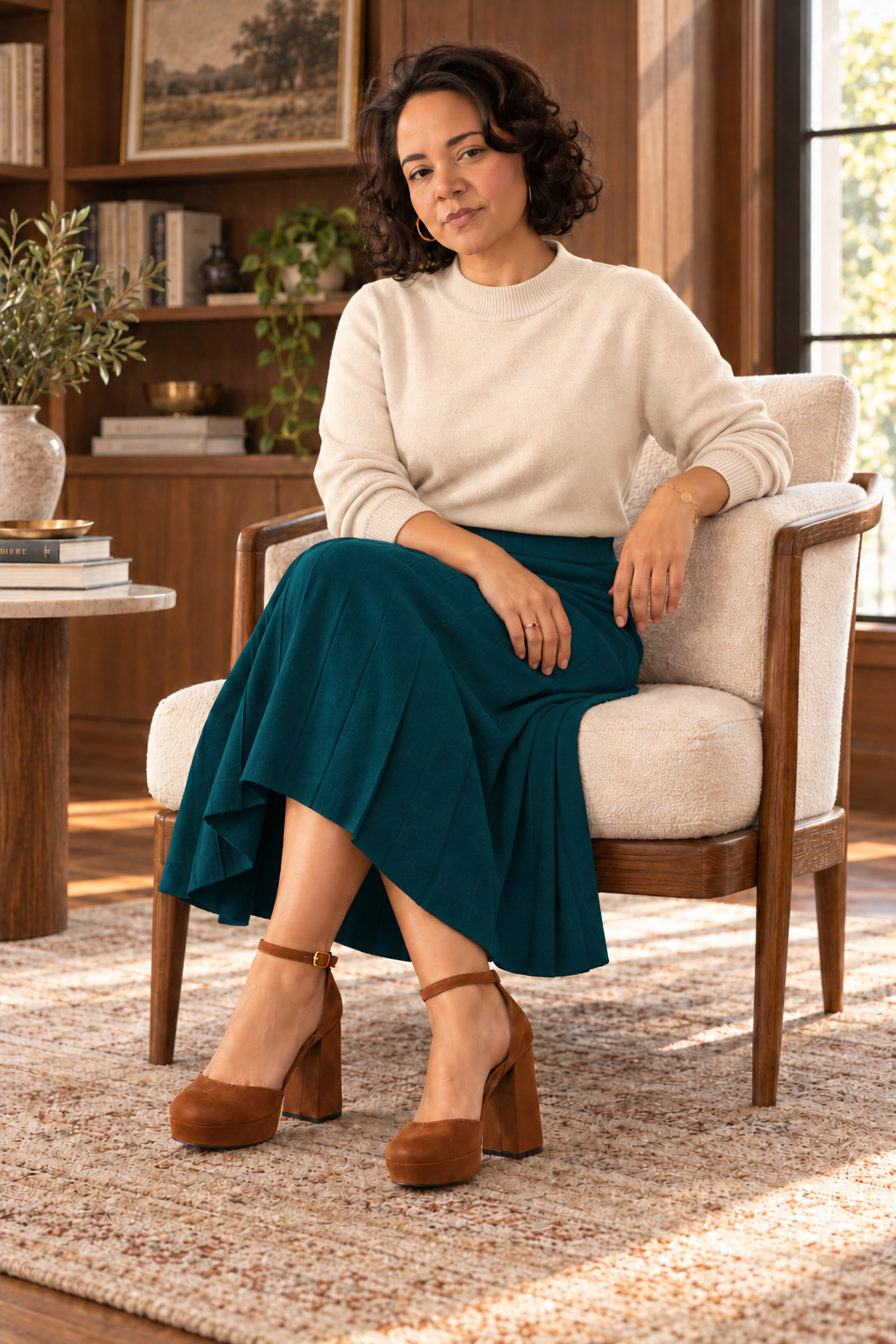 Hannah Richardson seated, wearing a cream sweater and teal skirt